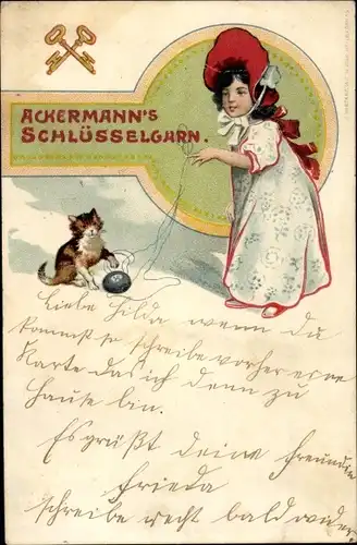 Litho Reklame, Ackermann's Schlüsselgarn, Mädchen und Katze