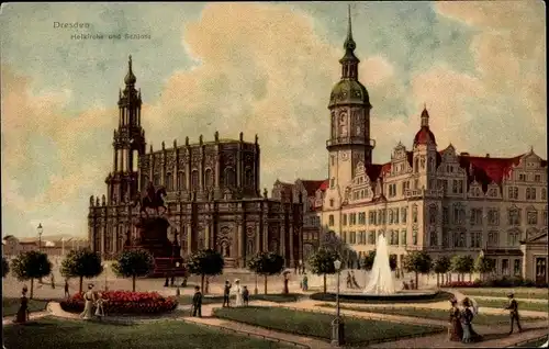 Künstler Ak Dresden Zentrum Altstadt, Blick zur Hofkirche und Schloss, Springbrunnen, Stengel 19967