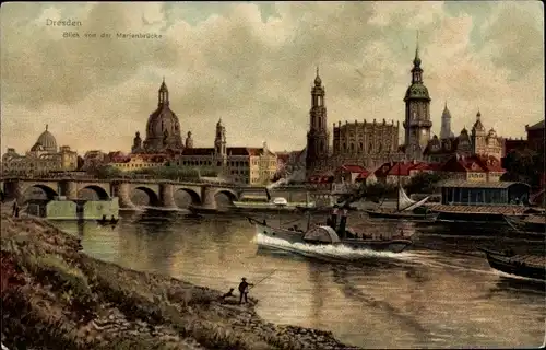 Künstler Ak Dresden Zentrum Altstadt, Blick von der Marienbrücke, Schleppdampfer, Angler