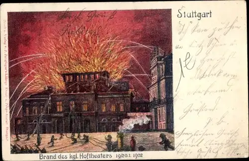 Künstler Ak Stuttgart in Württemberg, Brand des kgl. Hoftheaters, 19./20. Januar 1902