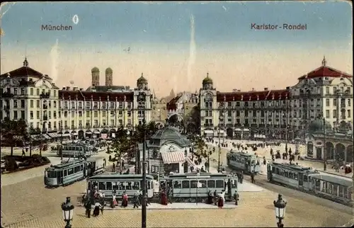 Ak München, Karlstor-Rondel, Straßenbahnen, Passanten