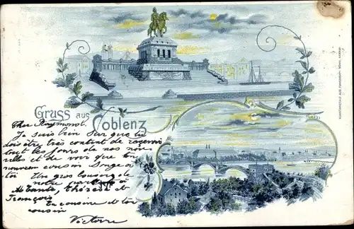 Litho Koblenz am Rhein, Kaiser-Wilhelm-Denkmal, Brücke