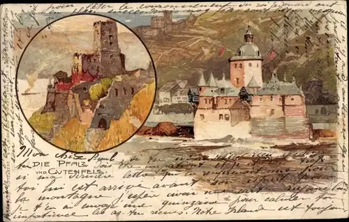 Künstler Litho Wielandt, Manuel, Kaub Rhein Lahn Kreis, Die Pfalz und Gutenfels