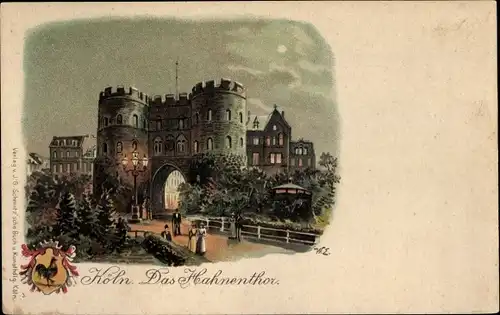 Künstler Wappen Litho Köln, Das Hahnentor bei Nacht, Passanten