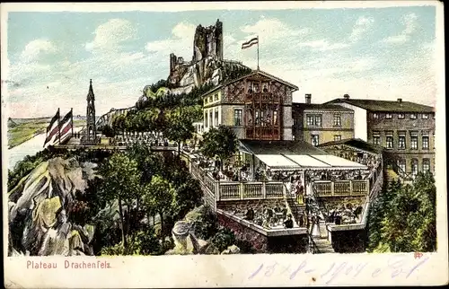Litho Königswinter am Rhein, Plateau Drachenfels, Burgruine, Terrasse, Besucher, Reichsfahnen
