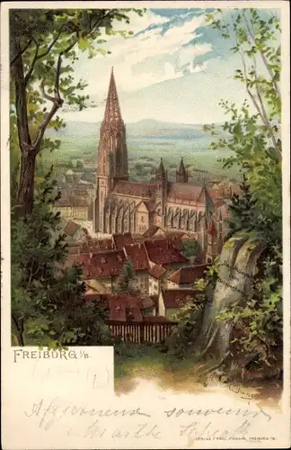 Künstler Ak Freiburg im Breisgau, Kirche, Teilansicht