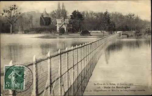 Ak Paris XVI, Bois de Boulogne, Hochwasser, Route de l’Hippodrome, Moulin de Longchamps
