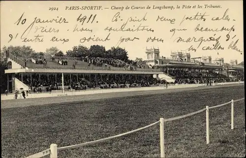 Ak Paris XVI, Bois de Boulogne, Rennbahn Longchamp, Tribünen