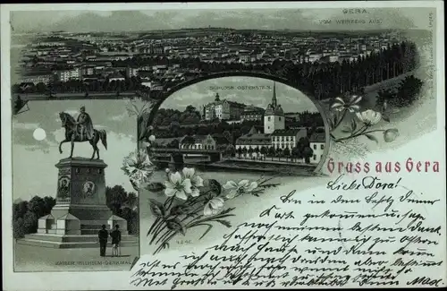 Mondschein Litho Gera in Thüringen, Schloss Osterstein, Kaiser Wilhelm Denkmal, Panorama