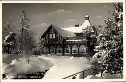 Ak Oybin in der Oberlausitz, Töpferbaude, Zittauer Gebirge, Winteransicht