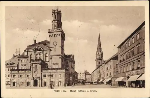 Ak Löbau in der Oberlausitz Sachsen, Markt, Rathaus, Kirche