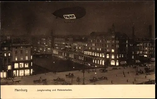 Ak Hamburg Mitte Neustadt, Jungfernstieg und Alsterarkaden, Zeppelin, Palmin Aufschrift