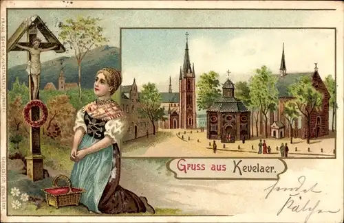 Ak Kevelaer Niederrhein, Frau in Tracht betet, Kreuz, Marienkirche, Gandenkapelle, Wallfahrtskirche