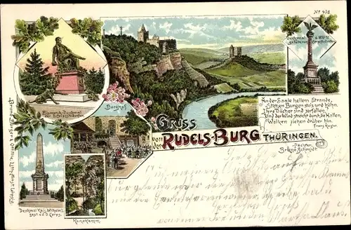 Litho Bad Kösen Naumburg an der Saale, Rudelsburg, Bismarckdenkmal, Denkmal gefallenen Corp Studente