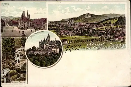 Litho Wernigerode im Harz, Rathaus, Schloss Wernigerode, Steinerne Renne, Gesamtansicht
