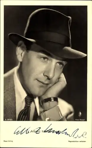 Ak Schauspieler Albert Matterstock, Portrait mit Hut, Ross Verlag A 2979 1, Autogramm