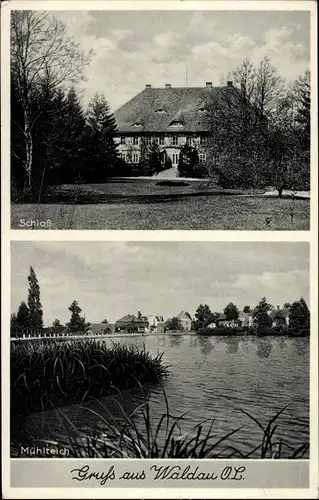 Ak Wykroty Waldau Oberlausitz Schlesien, Schloss, Mühlteich