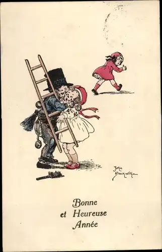 Künstler Ak Fröhliches Neujahr, Schornsteinfeger küsst ein Mädchen