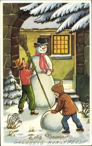 Ak Fröhliches Neujahr, Kinder bauen einen Schneemann