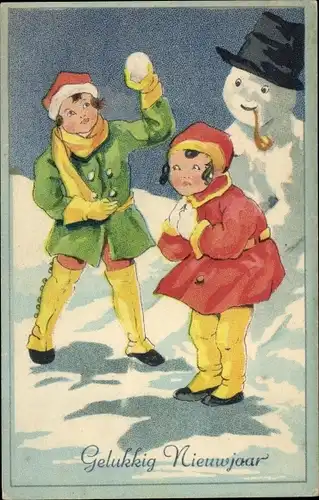 Ak Fröhliches Neujahr, Kinder, Junge mit Schneeball, Schneemann