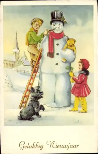 Ak Fröhliches Neujahr, Kinder bauen einen Schneemann, Teddy, Hund