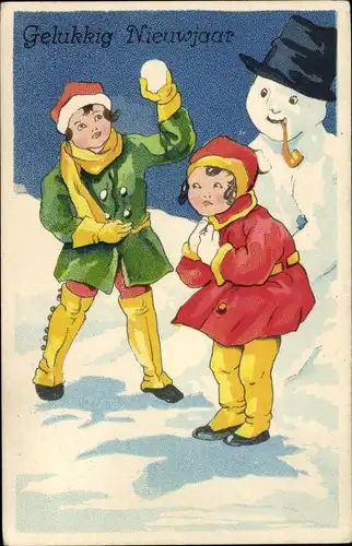 Ak Fröhliches Neujahr, Kinder, Junge mit Schneeball, Schneemann