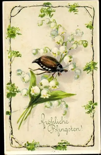 Präge Ak Glückwunsch Pfingsten, Maikäfer, Maiglöckchen, Birken