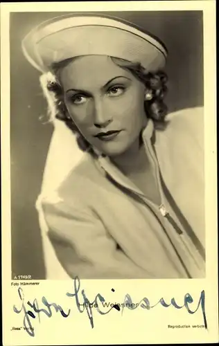 Ak Schauspielerin Hilde Weissner, Portrait, Hut, Autogramm