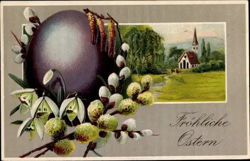 Präge Ak Glückwunsch Ostern, Weidenkätzchen, Ei
