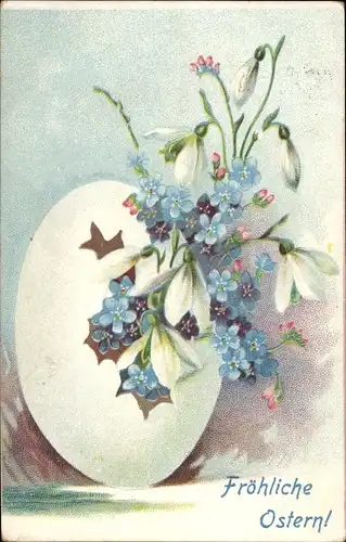 Präge Ak Glückwunsch Ostern, Blumen im Osterei, Vergissmeinnicht, Schneeglocken
