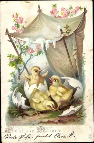 Litho Glückwunsch Ostern, Küken schlüpfen aus