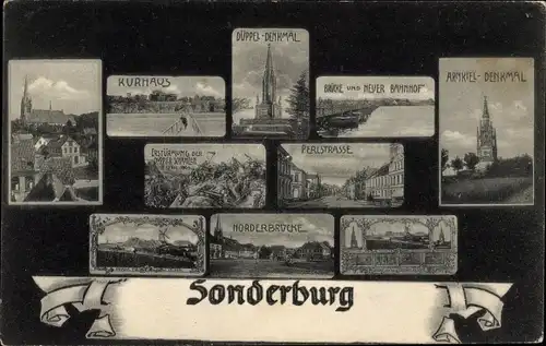 Ak Sønderborg Sonderburg Dänemark, Kurhaus, Düppel-Denkmal, Brücke, Neuer Bahnhof