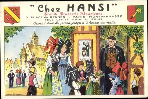 Künstler Ak Derulle, Paris XIV, Brasserie Chez Hansi, Elsässer Trachten