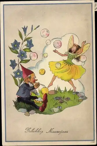 Künstler Ak Glückwunsch Neujahr, Zwerg bläst Seifenblasen, Elfe