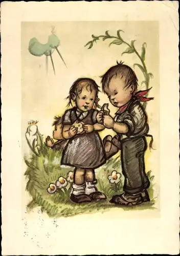 Künstler Ak Hummel ?, Junge und Mädchen auf einer Wiese