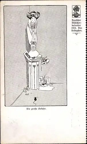 Künstler Ak Deutscher Mädchen-Kalender 1918, Das Kränzchen, die große Gefahr