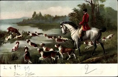 Ak Jagdhunde greifen einen Hirsch an, Mann zu Pferde