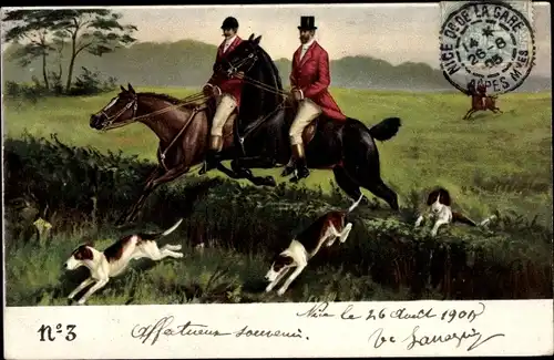 Ak Jagd, Männer zu Pferde, Hürde, Jagdhunde