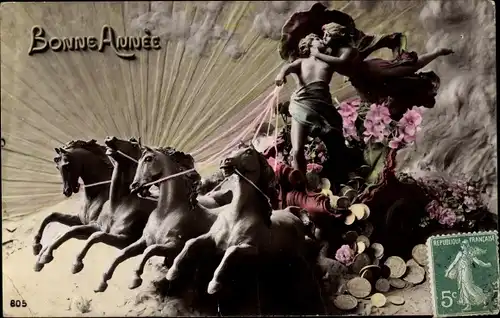 Ak Glückwunsch Neujahr, Liebespaar, Pferdewagen, Münzen, Blumen, Glücksklee