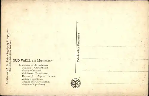 Künstler Ak Mastroianni, Domenico, Szene aus Quo Vadis, Vinicius und Chrysothemis