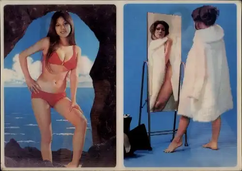 3-D Ak Zwei nackte Frauen, Bikini, Bademantel