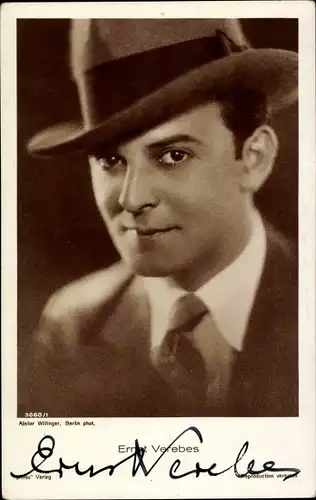 Ak Schauspieler Ernst Verebes, Portrait mit Hut, Ross Verlag 3868/1, Autogramm