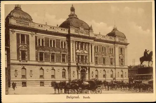 Ak Beograd Belgrad Serbien, Pferdekutschen vor der Bank