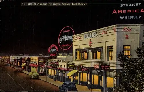 Ak Ciudad Juarez Mexiko, Juarez Avenue bei Nacht