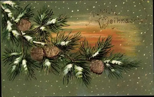 Präge Litho Glückwunsch Weihnachten, Schneebedeckter Tannenzweig mit Zapfen