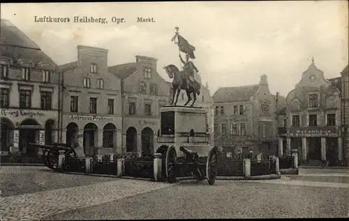 Ak Lidzbark Warmiński Heilsberg Ostpreußen, Markt, Denkmal, Kanonen, Warenhaus, Geschäfte