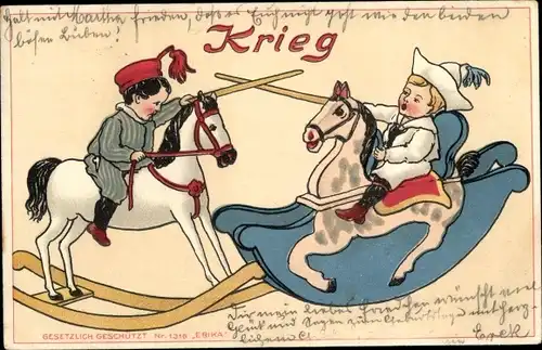 Litho Kämpfende Jungen, Schaukelpferde, Schwerter, Krieg