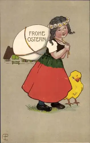 Präge Litho Glückwunsch Ostern, Mädchen trägt Osterei, Küken