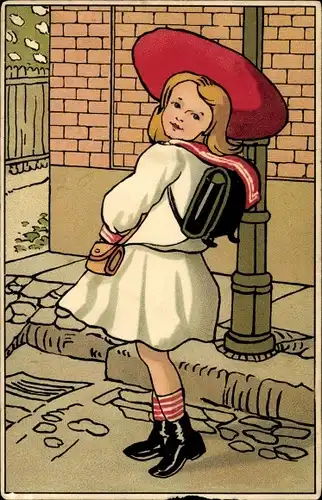 Litho Mädchen mit rotem Hut und Schulranzen
