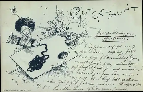 Künstler Litho Gutgelaunt, Mädchen mit Farbtube, Malerpalette